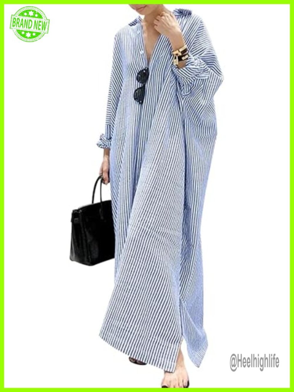 Long Sleeve Button Down Striped Cotton Maxi Shirt Dress - Picture 1 of 6
